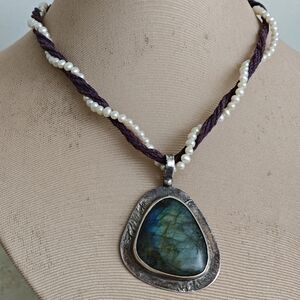 Artisan Made Huge Labradorite  Sterling Silver 925 Genuine Pearls Necklace OOAK